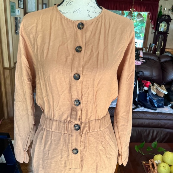 ASOS Design textured button front jumper in camel jumpsuit. - Picture 10 of 16